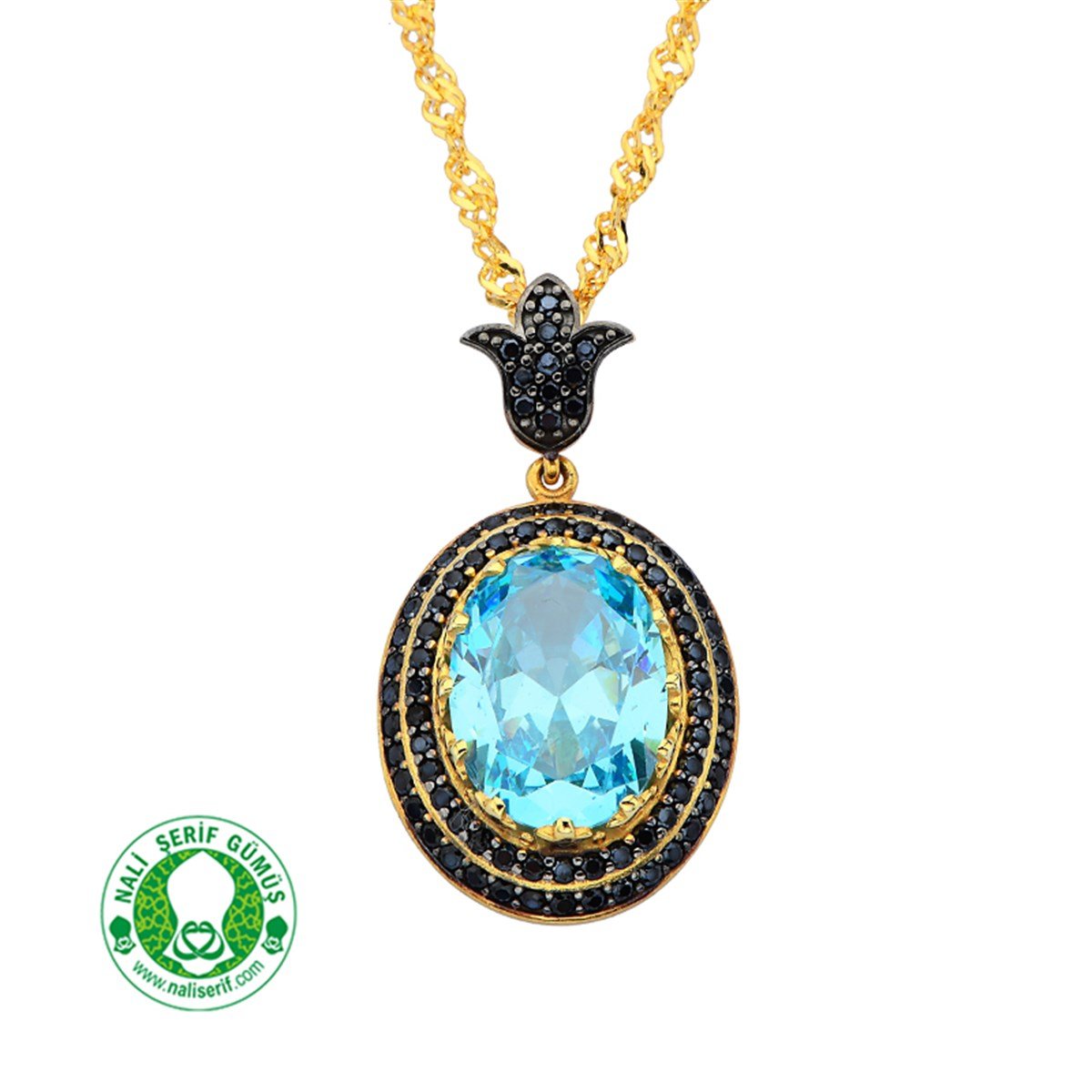 Lale Zincir Sallantılı Onixs Siyah Kenar Taşlı 12.16 Akuamarin Oval Taşlı Gümüş Altın Kaplamalı Bayan Kolye