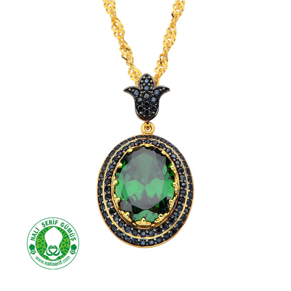 Lale Zincir Sallantılı Onixs Siyah Kenar Taşlı 12.16 Zümrüt Yeşili Oval Taşlı Gümüş Altın Kaplamalı Bayan Kolye