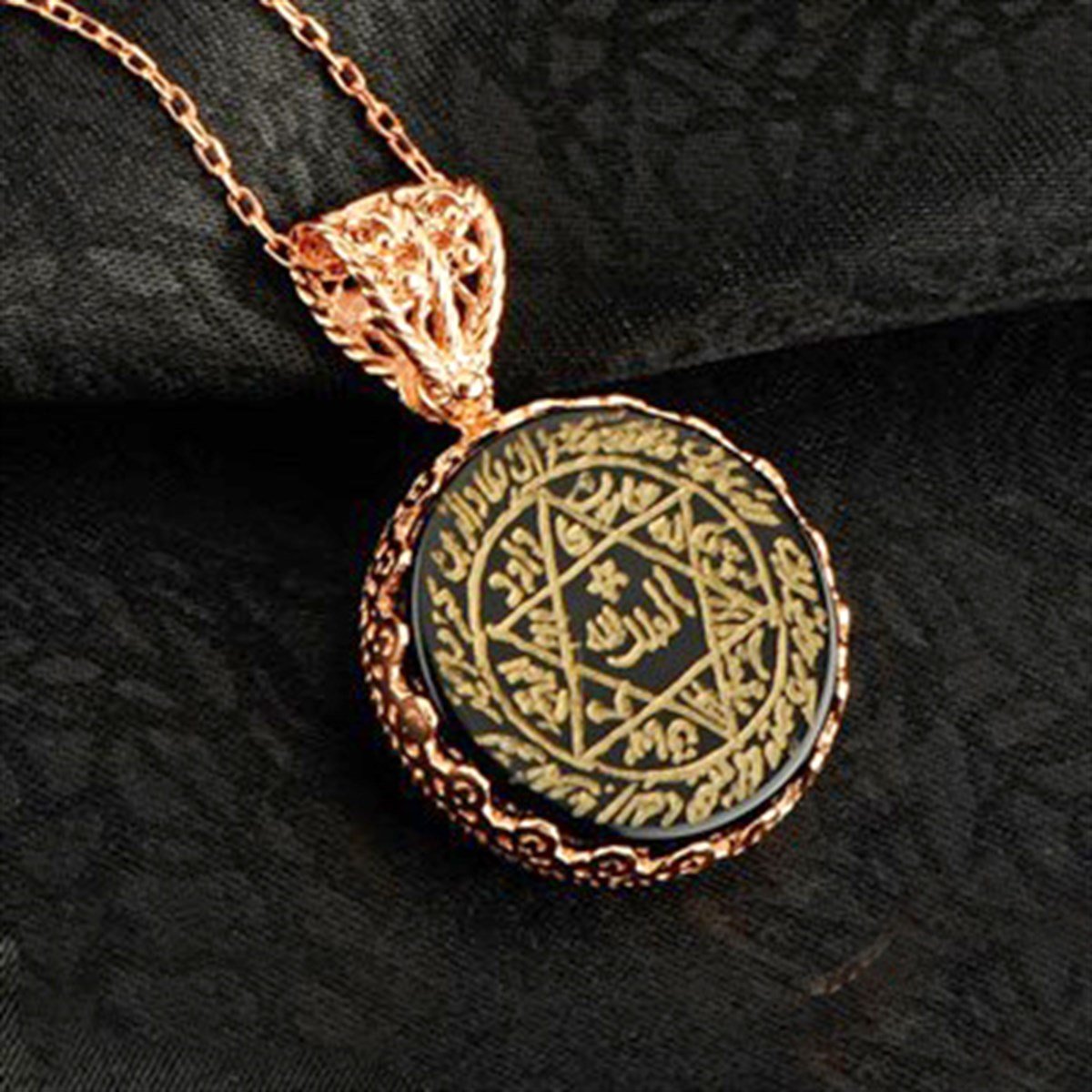 Mührü Süleyman Akik Taşlı Nazar Dualı Roz Kaplamalı Gümüş Bayan Kolyesi