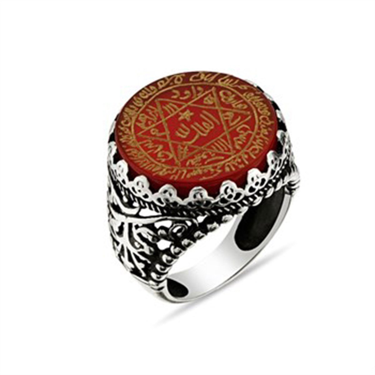 Mührü Süleyman El Yazması Akik Taşlı Nazar Dualı 925 Ayar Gümüş Erkek Yüzüğü