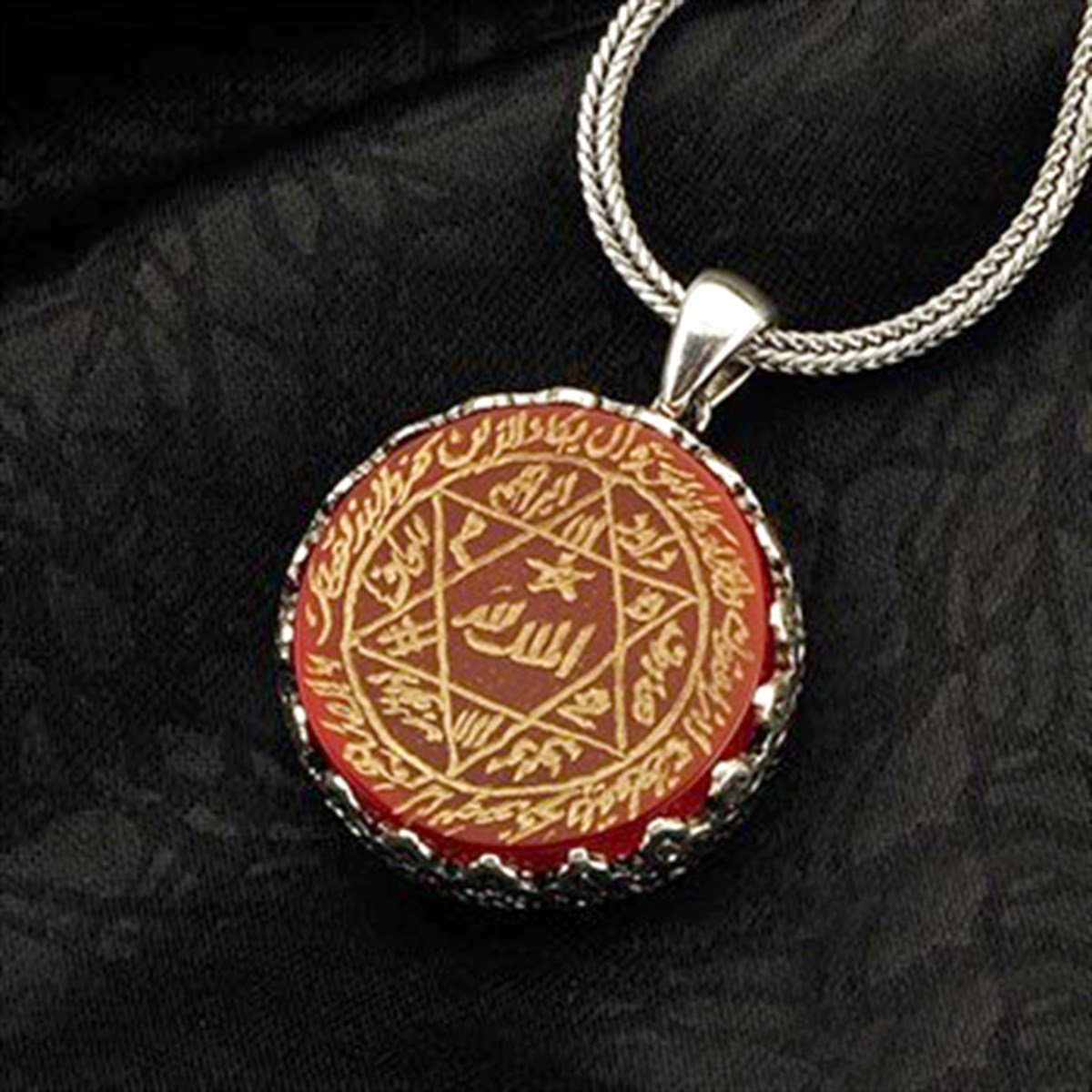 Mührü Süleyman El Yazması Akik Taşlı Nazar Dualı 925 Ayar Gümüş Erkek Kolyesi ve Zinciri