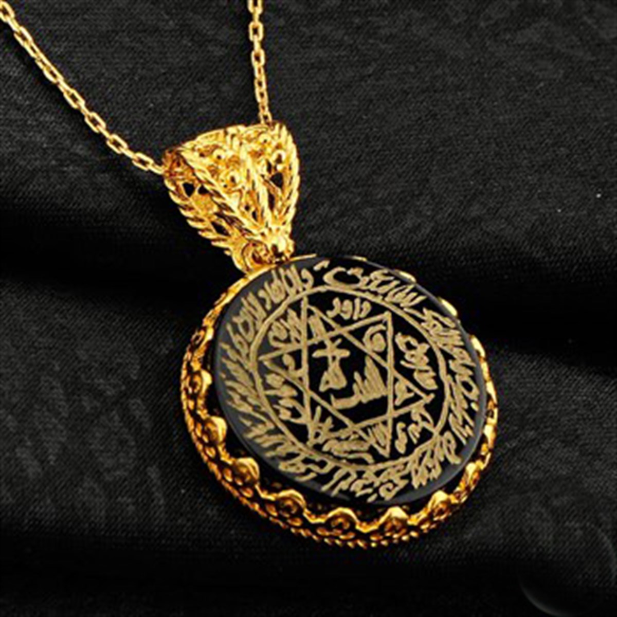 Mührü Süleyman Siyah Akik Taşlı El Yazması Nazar Dualı Altın Kaplama Gümüş Kolye