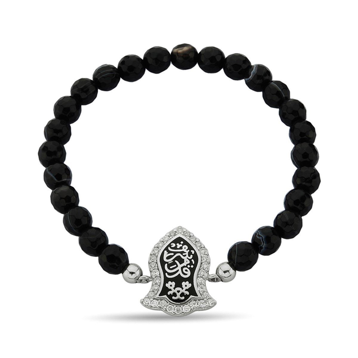 Nali Şerif Beyaz Kaplama Doğal Siyah Akik Taşlı 925 Ayar Gümüş Bayan Bileklik