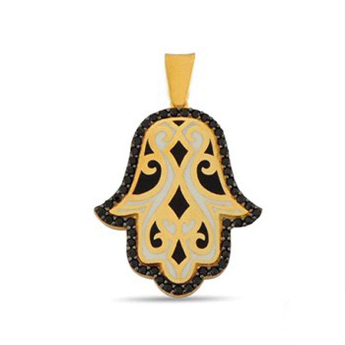 Oniks Zirkon Taşlı Altın Kaplamalı Siyah Beyaz Lazer Mineli  Fatma Ana Eli Gümüş Kolye Ucu