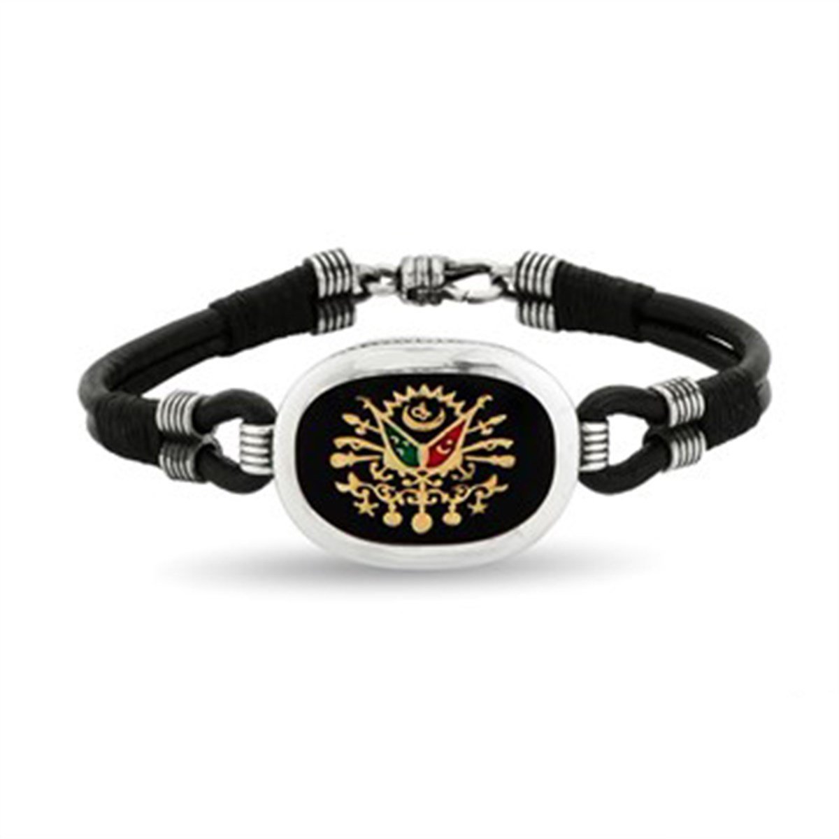 Osmanlı Devlet Armalı 925 Ayar Gümüş Deri Erkek Bilekliği