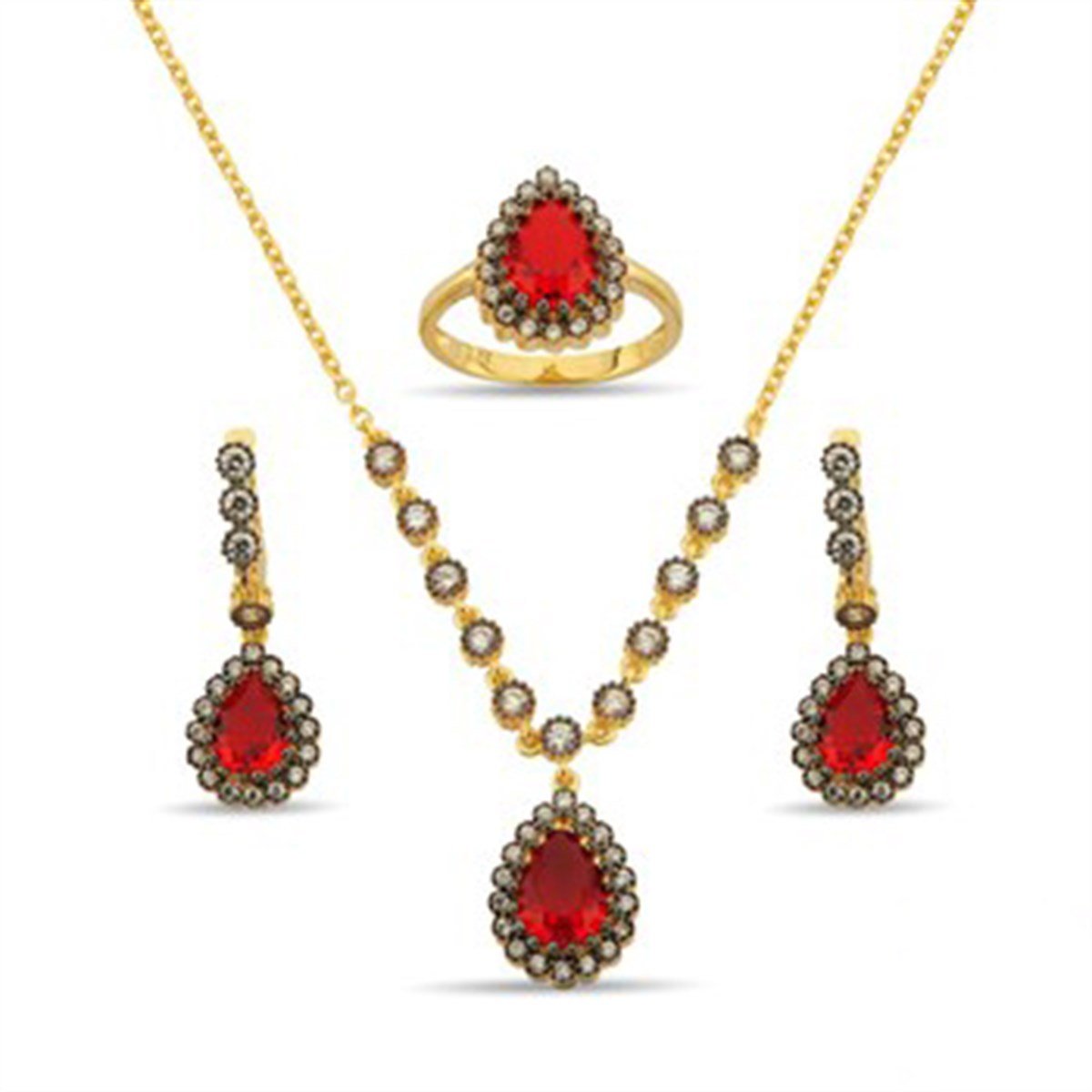 Osmanlı Motifli Altın Kaplamalı Gümüş Elmas Görünüşlü Kırmızı Zirkon Taşlı Damla Seti