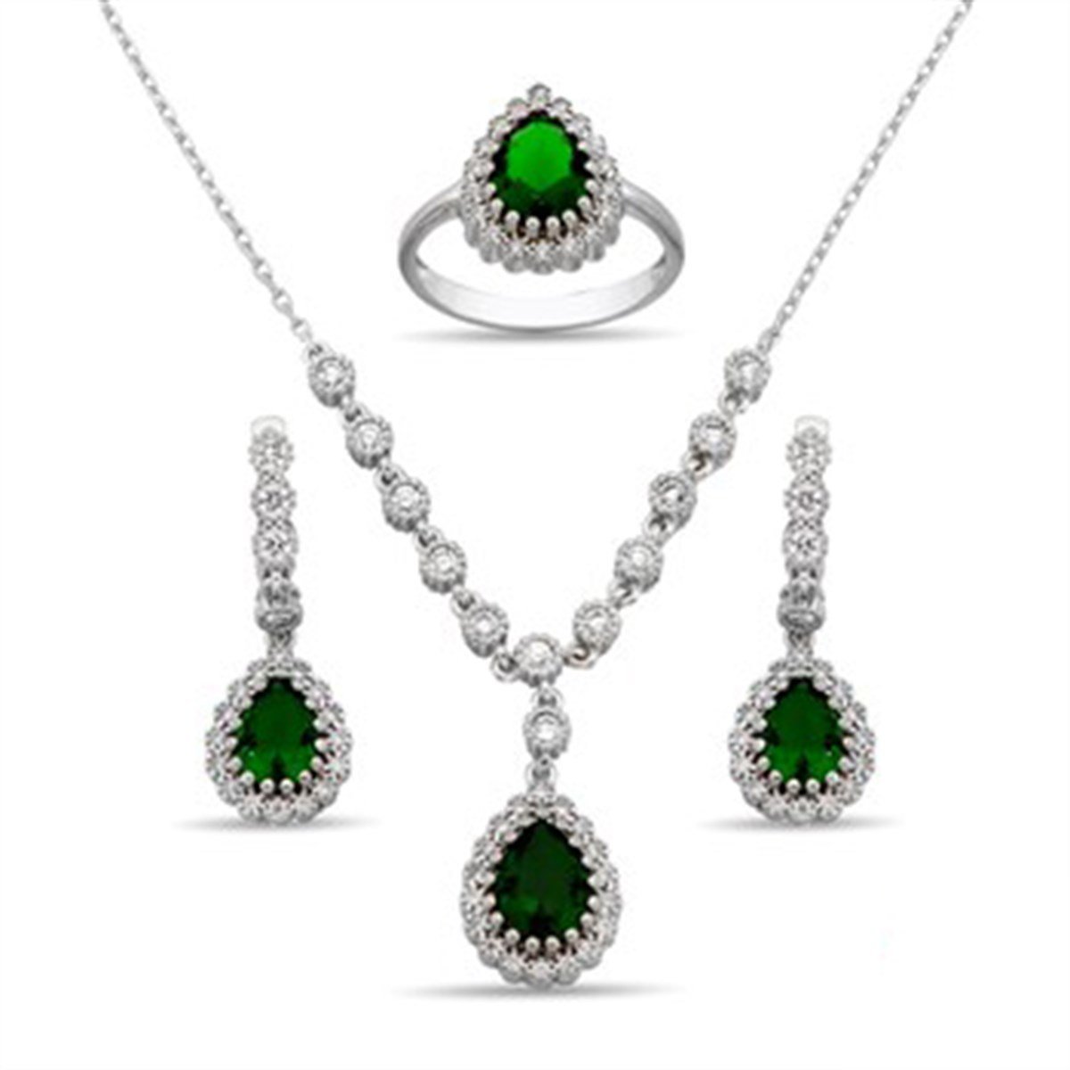 Osmanlı Motifli Hürrem Sultan 925 Ayar Gümüş Zümrüt Yeşil Taşlı Damla Seti