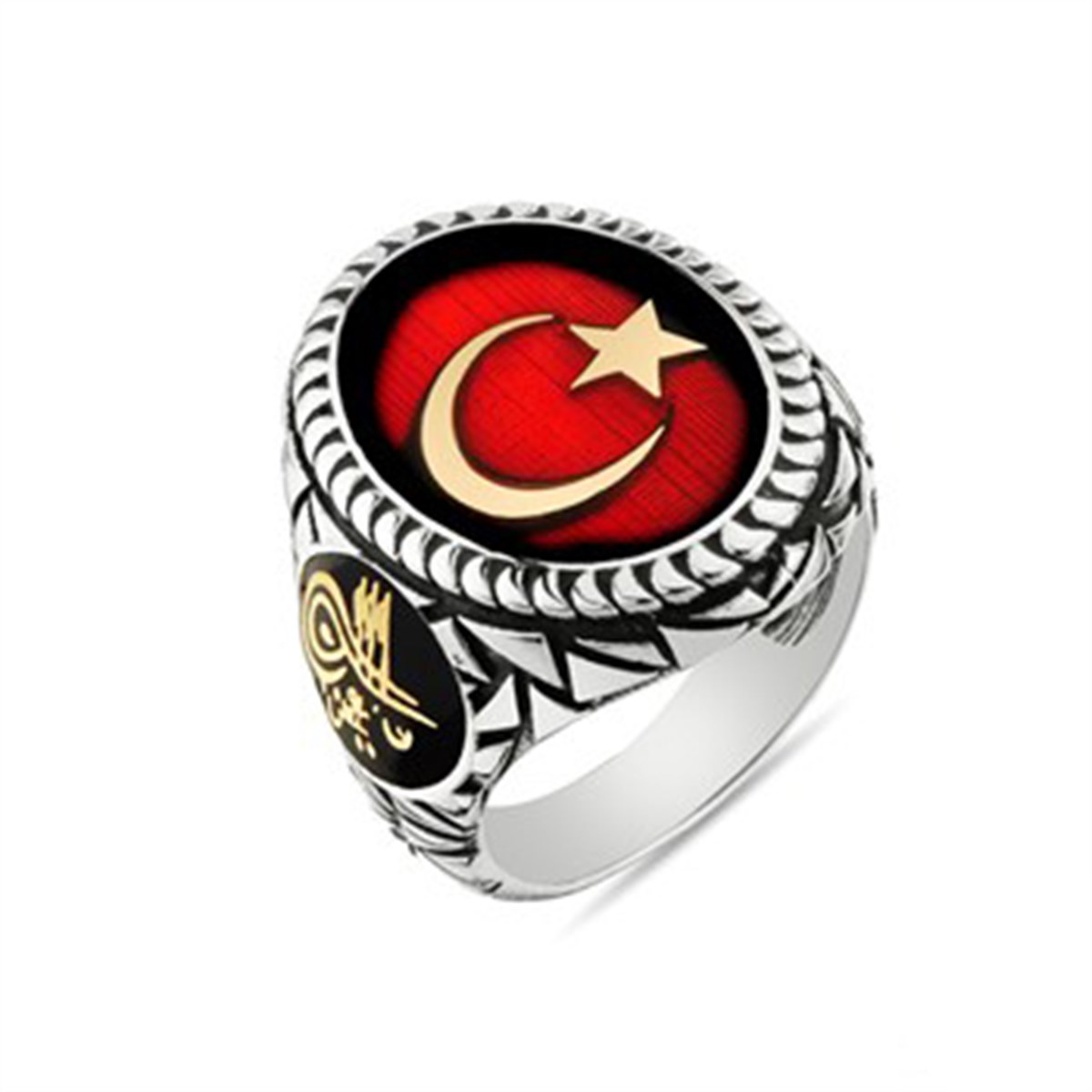 Oval Ay Yıldız Türk Bayrağı 925 Ayar Gümüş Erkek Yüzük