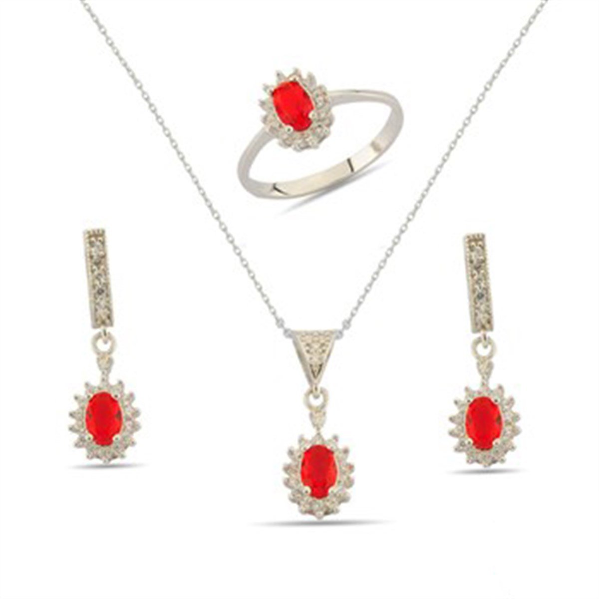 Oval Kırmızı Zirkon Taşlı Beyaz Altın Kaplamalı Gümüş Takı Seti