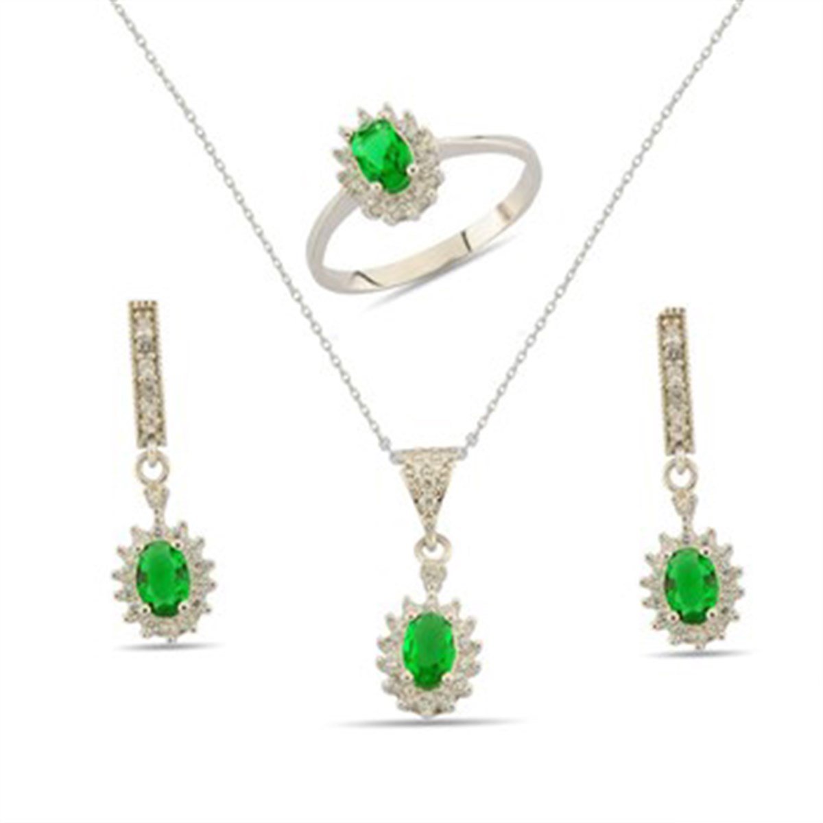 Oval Zümrüt Yeşili Zirkon Taşlı Beyaz Altın Kaplamalı Gümüş Takı Seti