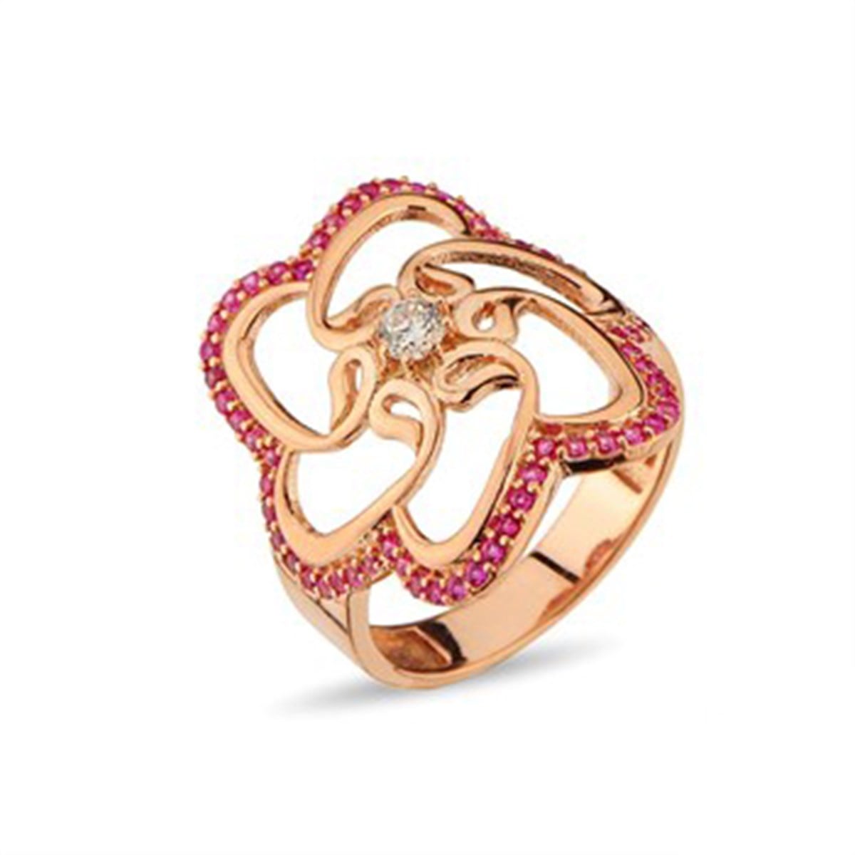 Ruby Kırmızı Taşlı Roz Kaplamalı Gümüş Vav Bayan Yüzük