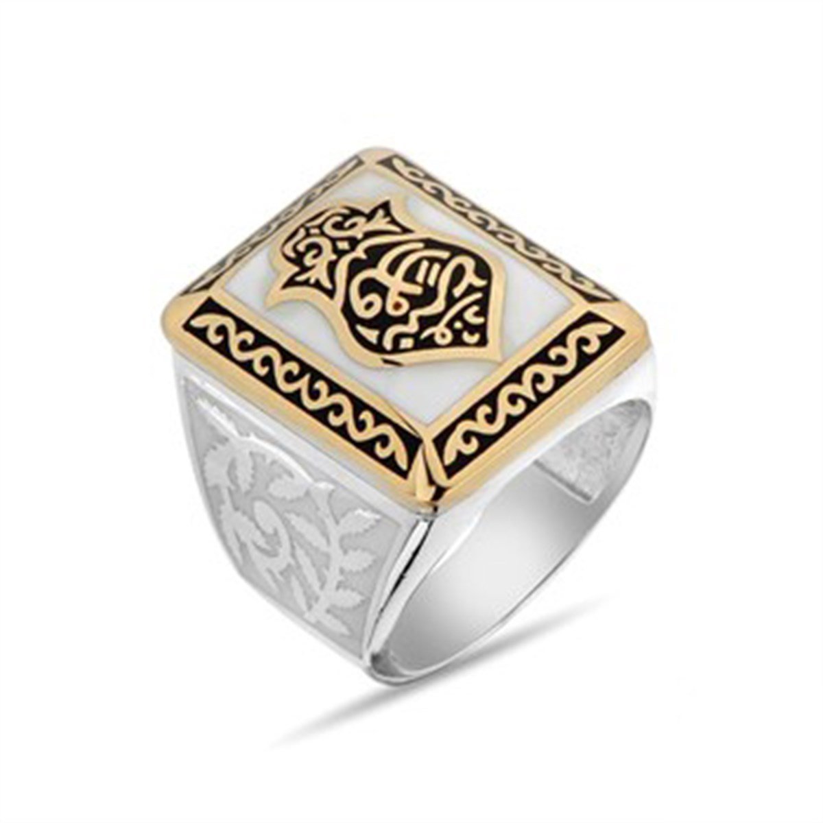 Siyah Beyaz Mineli Nali Şerif Kademi Şerif Gümüş Erkek Yüzüğü