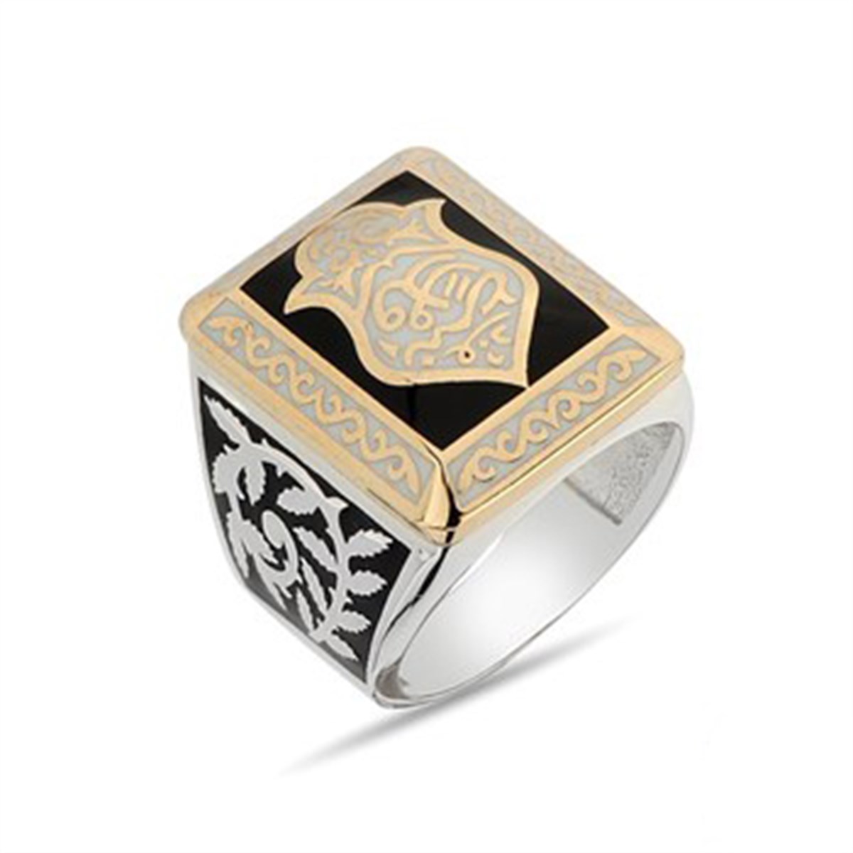 Siyah Beyaz Mineli Nali Şerif Kademi Şerif Gümüş Erkek Yüzüğü