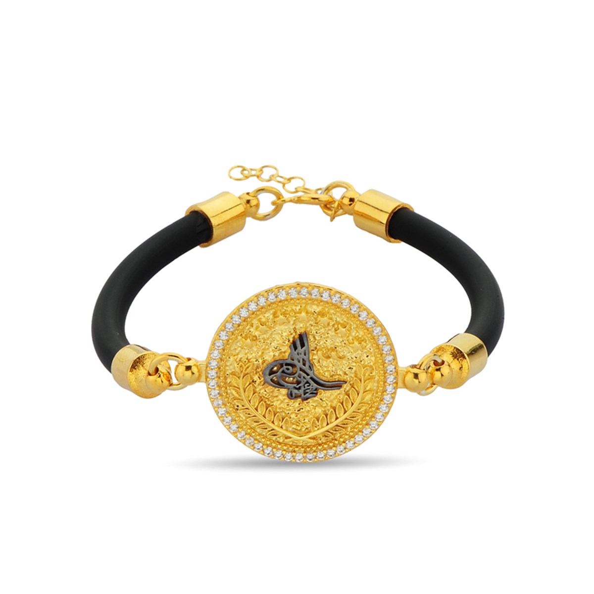 Tuğralı Beyaz Oniks Zirkon Taşlı Altın Kaplama Kauçuk Kordonlu 925 Ayar Gümüş Bileklik