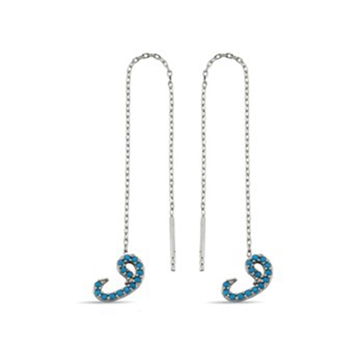 Vav Firuze Turkuaz Taşlı Zincirli Gümüş Küpe