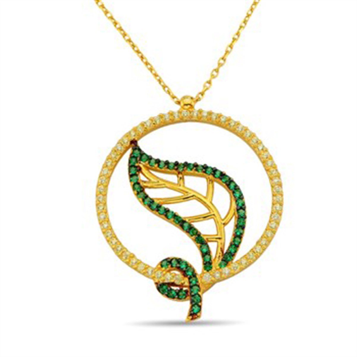 Yaprak Zümrüt Yeşil Taşlı Altın Kaplama 925 Ayar Gümüş Bayan Kolyesi