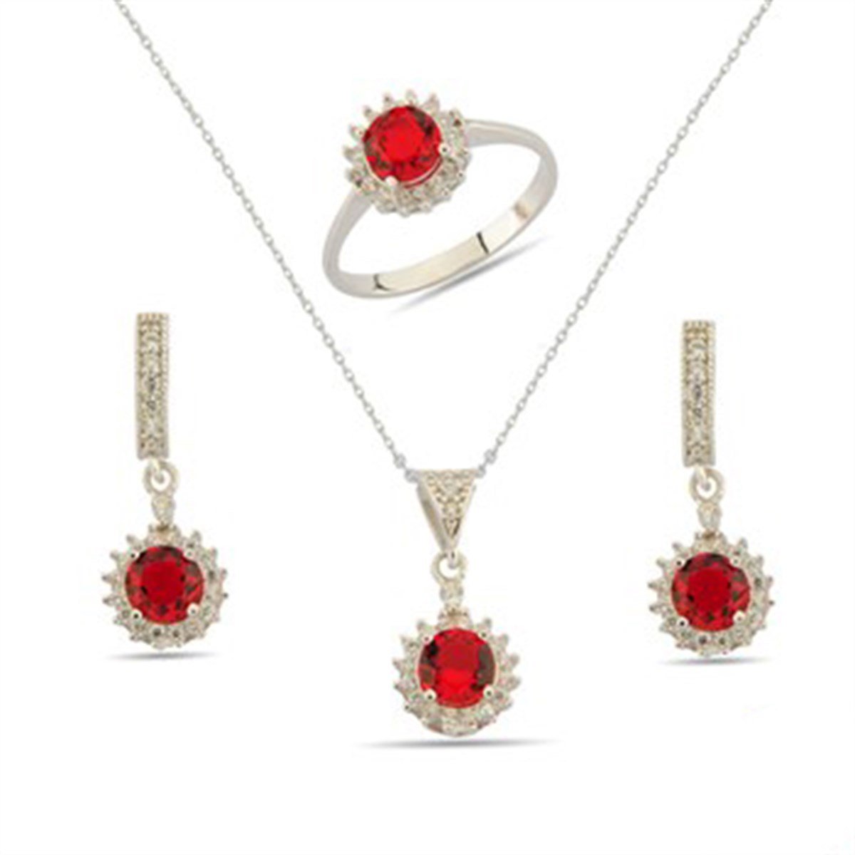 Yuvarlak Kırmızı Zirkon Taşlı Beyaz Altın Kaplamalı Gümüş Takı Seti