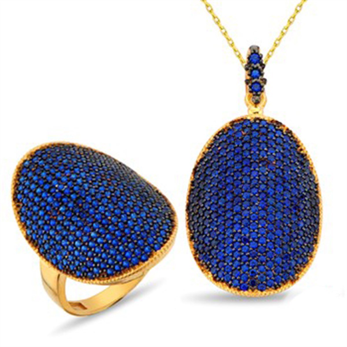 Zirkon Safir taşlı, Altın kaplamalı 925 Ayar Gümüş Bayan Kolye ve Yüzük Kombin