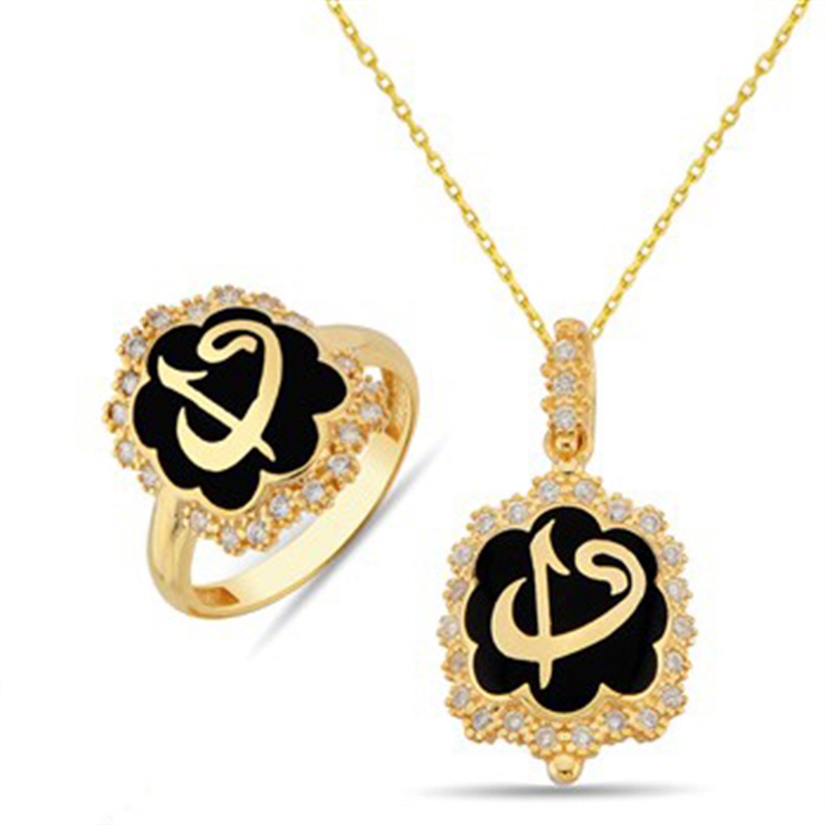 Zirkon Taşlı Altın Kaplamalı 925 Ayar Gümüş Elif Vav Bayan Yüzük, Kolye ve Zinciri Kombin