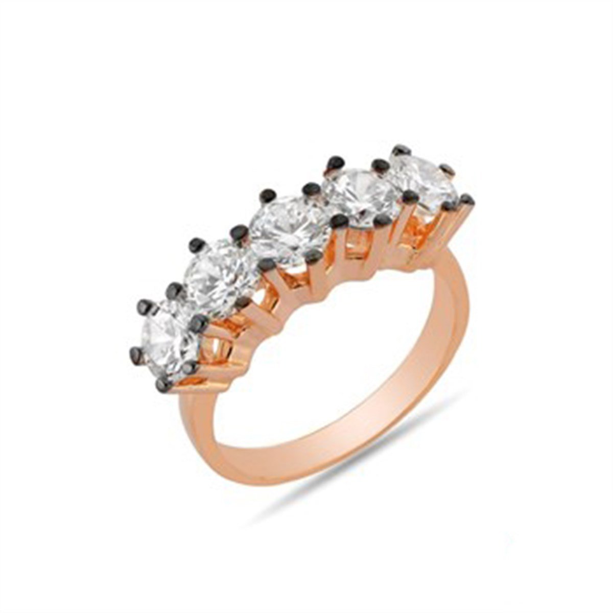 Zirkon Taşlı Elmas Görünümlü Roz Kaplamalı Gümüş Beş Taş Yüzük