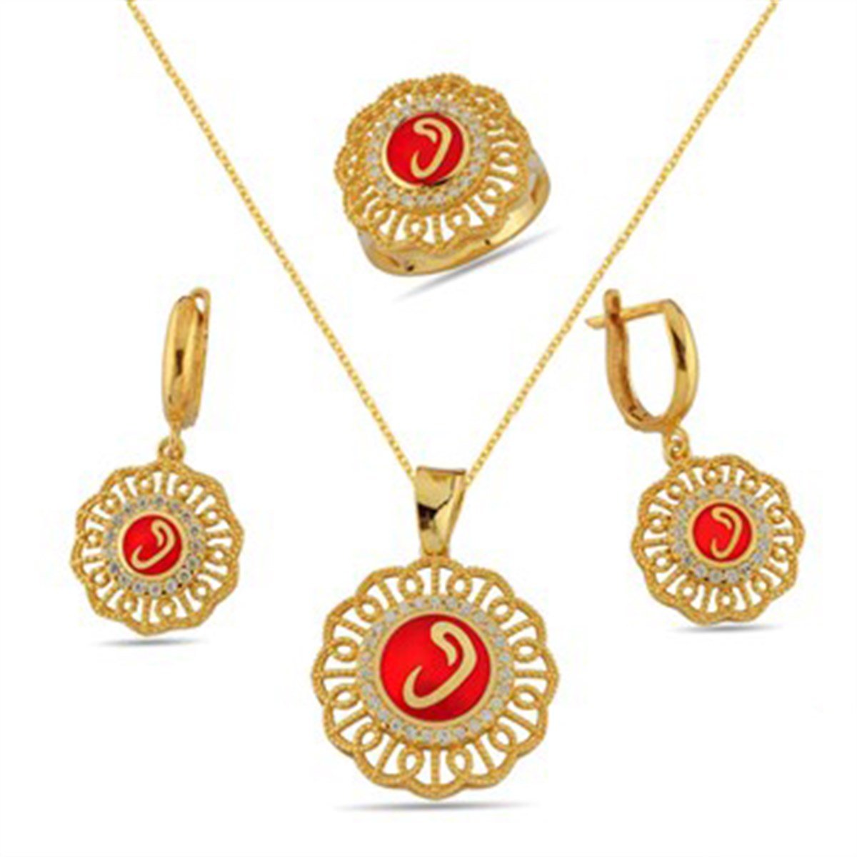 Zirkon Taşlı Kırmızı Lazer Mineli Altın Kaplamalı Gümüş Vav Takı Seti