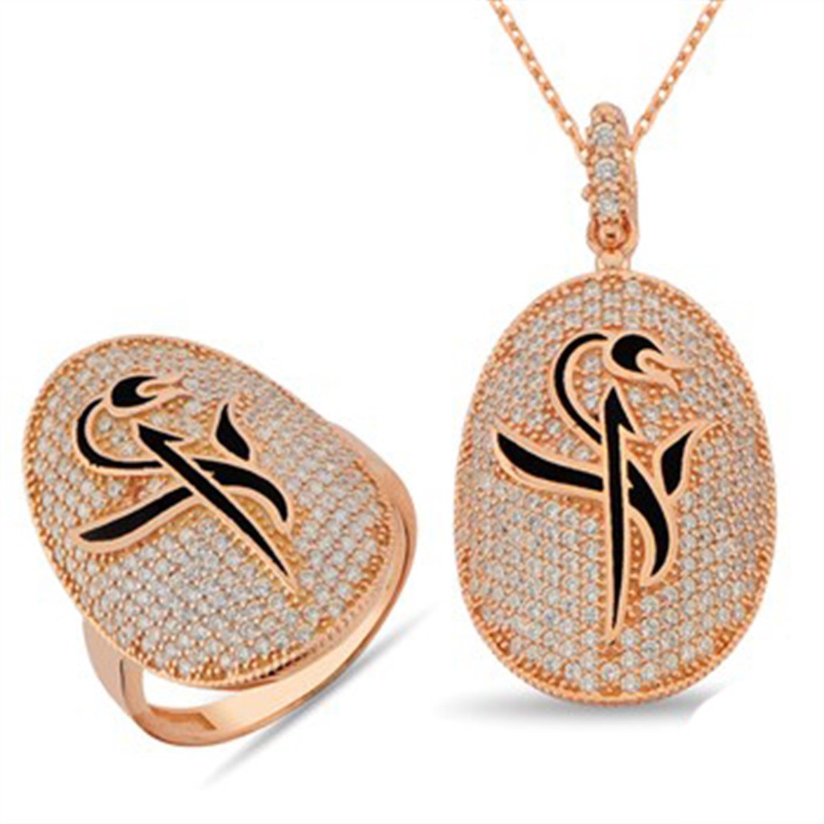 Zirkon Taşlı Roz Kaplamalı 925 Ayar Gümüş Elif Bayan Yüzük Kolye Kombin