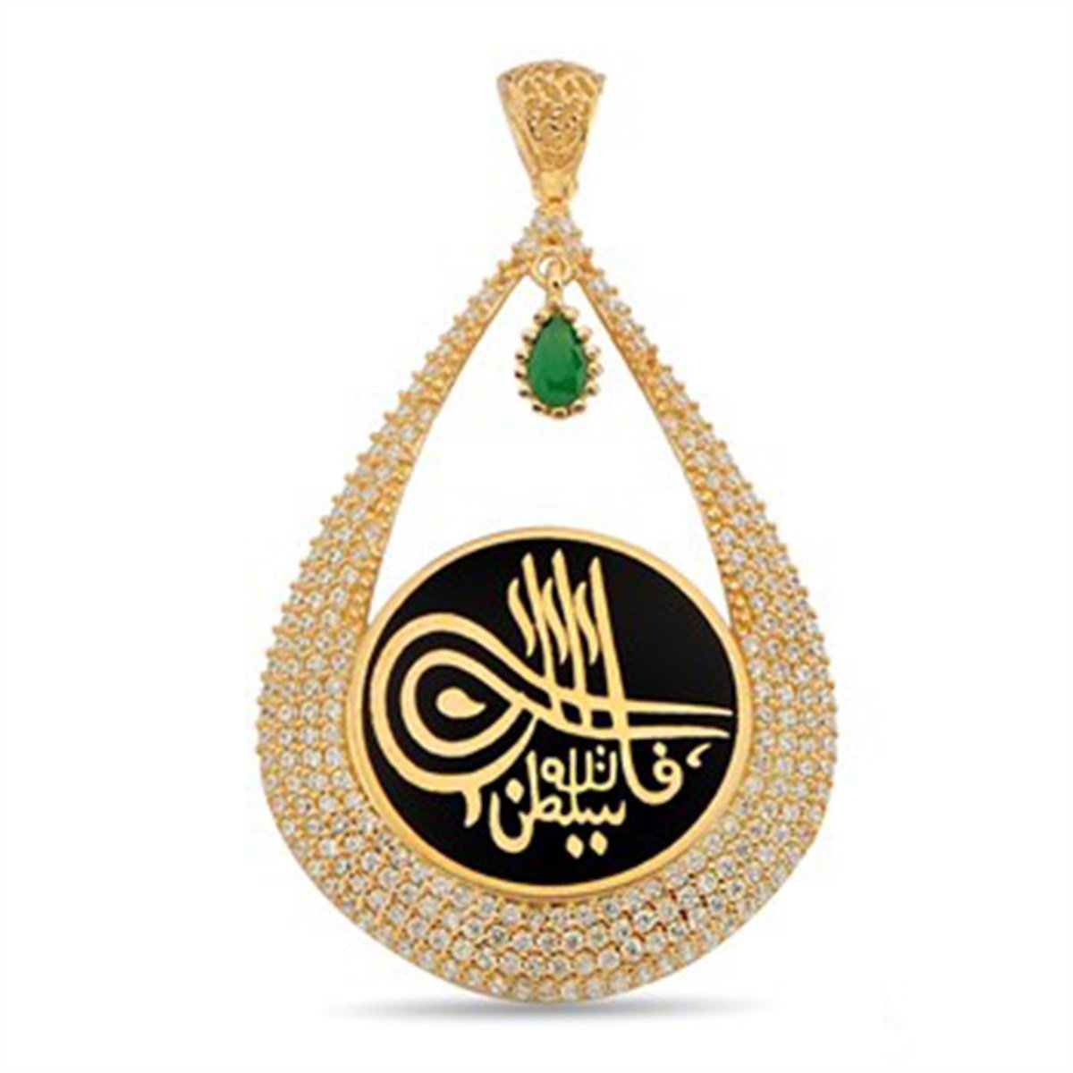 Zirkon taşlı Tuğralı 925 Ayar Gümüş Altın Kaplamalı Damla Kolye Ucu