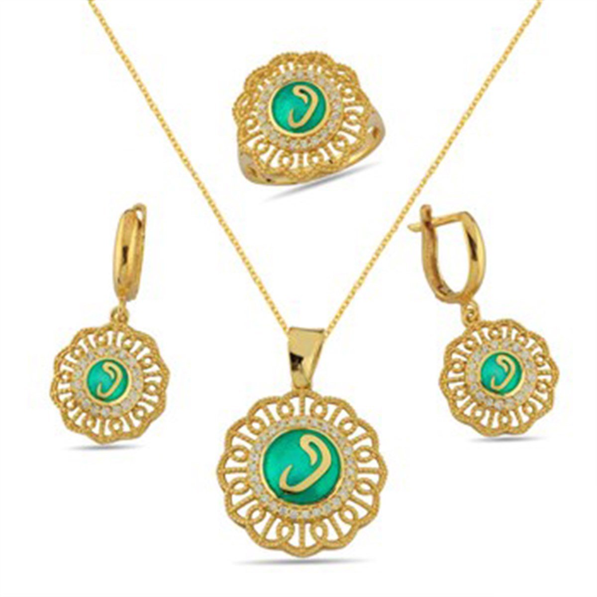 Zirkon Taşlı Yeşil Lazer Mineli Altın Kaplamalı Gümüş Vav Takı Seti