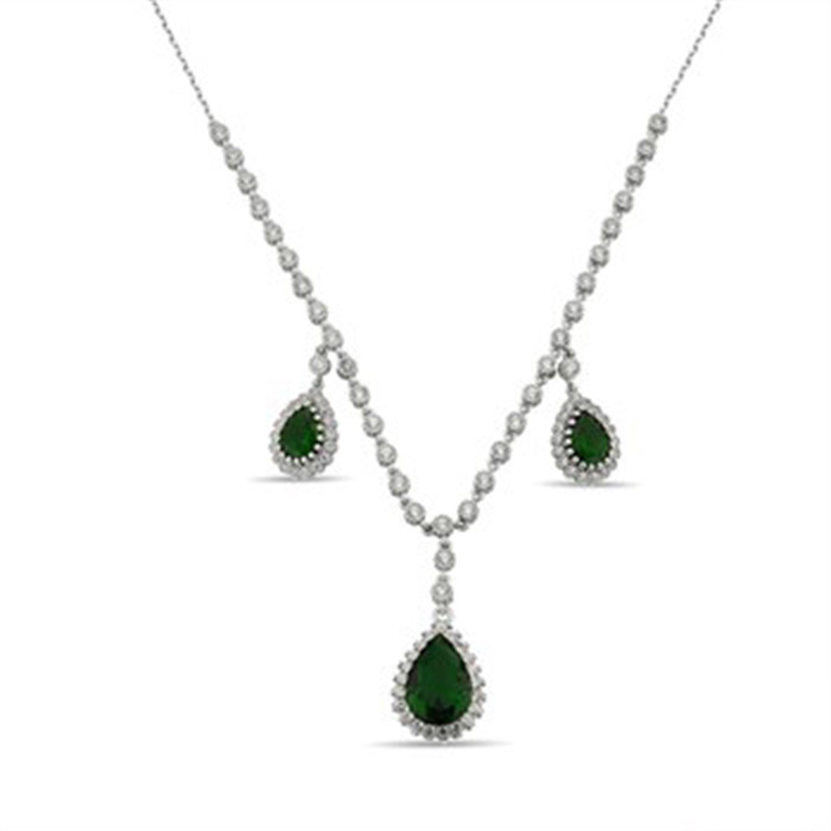 Zirkon Taşlı Zümrüt Yeşili 925 Ayar Gümüş Damla Kolye