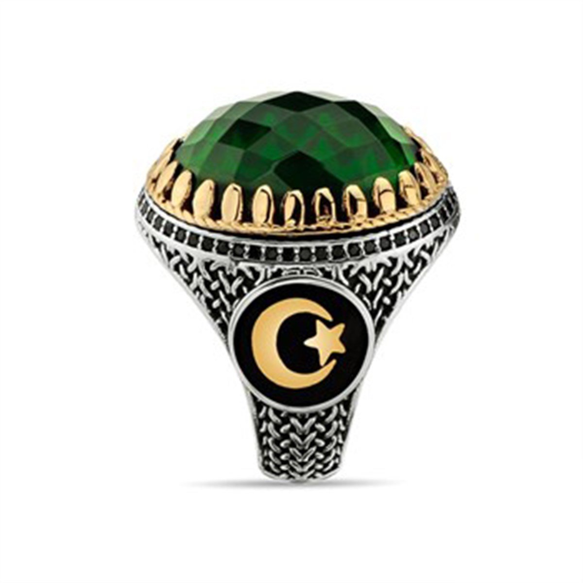 Zümrüt Yeşil Taşlı Kristal Kesim 925 Ayar Gümüş Erkek Yüzüğü