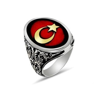 Ay Yıldız Türk Bayrağı Oval 925 Ayar Gümüş Erkek Yüzük
