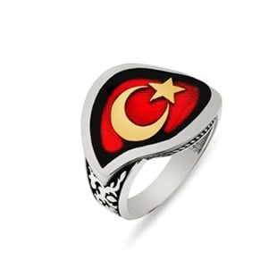 Ay Yıldız Türk Bayrağı Yaprak Görünümlü 925 Ayar Gümüş Bayan Yüzük