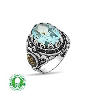 Değişebilir Yan Sembollü Oval Kasalı Akuamarin Taşlı Gümüş Erkek Yüzük