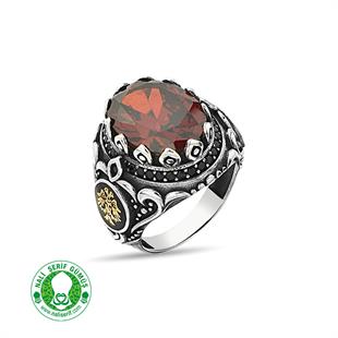 Değişebilir Yan Sembollü Oval Kasalı Kırmızı Garnet Zirkon Taşlı Gümüş Erkek Yüzük