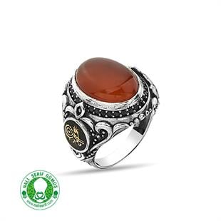 Değişebilir Yan Sembollü Oval Kasalı Kapşonlu Kırmızı Akik Taşlı Gümüş Erkek Yüzük