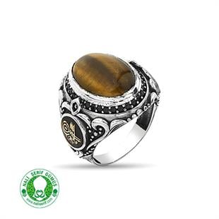 Değişebilir Yan Sembollü Oval Kasalı Kapşonlu Kaplangözü Taşlı Gümüş Erkek Yüzük