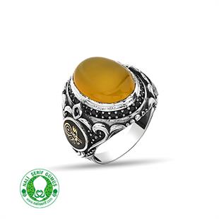 Değişebilir Yan Sembollü Oval Kasalı Kapşonlu Sarı Akik Taşlı Gümüş Erkek Yüzük