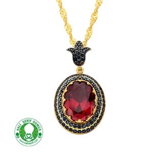 Lale Zincir Sallantılı Onixs Siyah Kenar Taşlı 12.16 Brown Oval Taşlı Gümüş Altın Kaplamalı Bayan Kolye