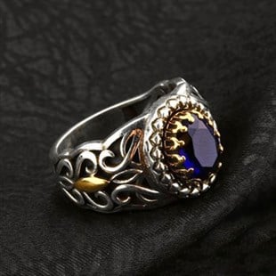 Safir Mavi Kristal Kesim 925 Ayar Gümüş Erkek Yüzük