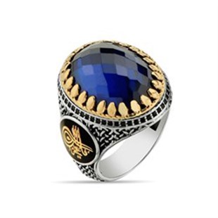 Safir Taşlı Kristal Kesim 925 Ayar Gümüş Erkek Yüzük