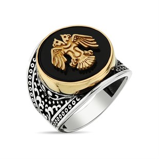 Siyah Akik Taşlı Selçuklu Kartalı Motif İşlemeli 925 Ayar Gümüş Erkek Yüzüğü