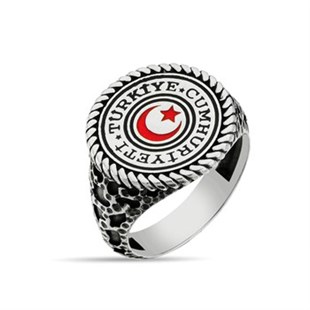 Türkiye Cumhuriyeti Devleti Mührü Ay Yıldız Türk Bayrağı 925 Ayar Gümüş Erkek Yüzüğü