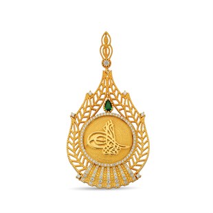 Zümrüt Yeşil Taşlı Altın Kaplamalı Osmanlı Tuğralı 925 Ayar Gümüş Kolye