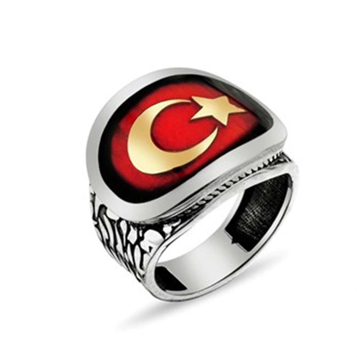 Ay Yıldız Türk Bayrağı 925 Ayar Gümüş Erkek Yüzük