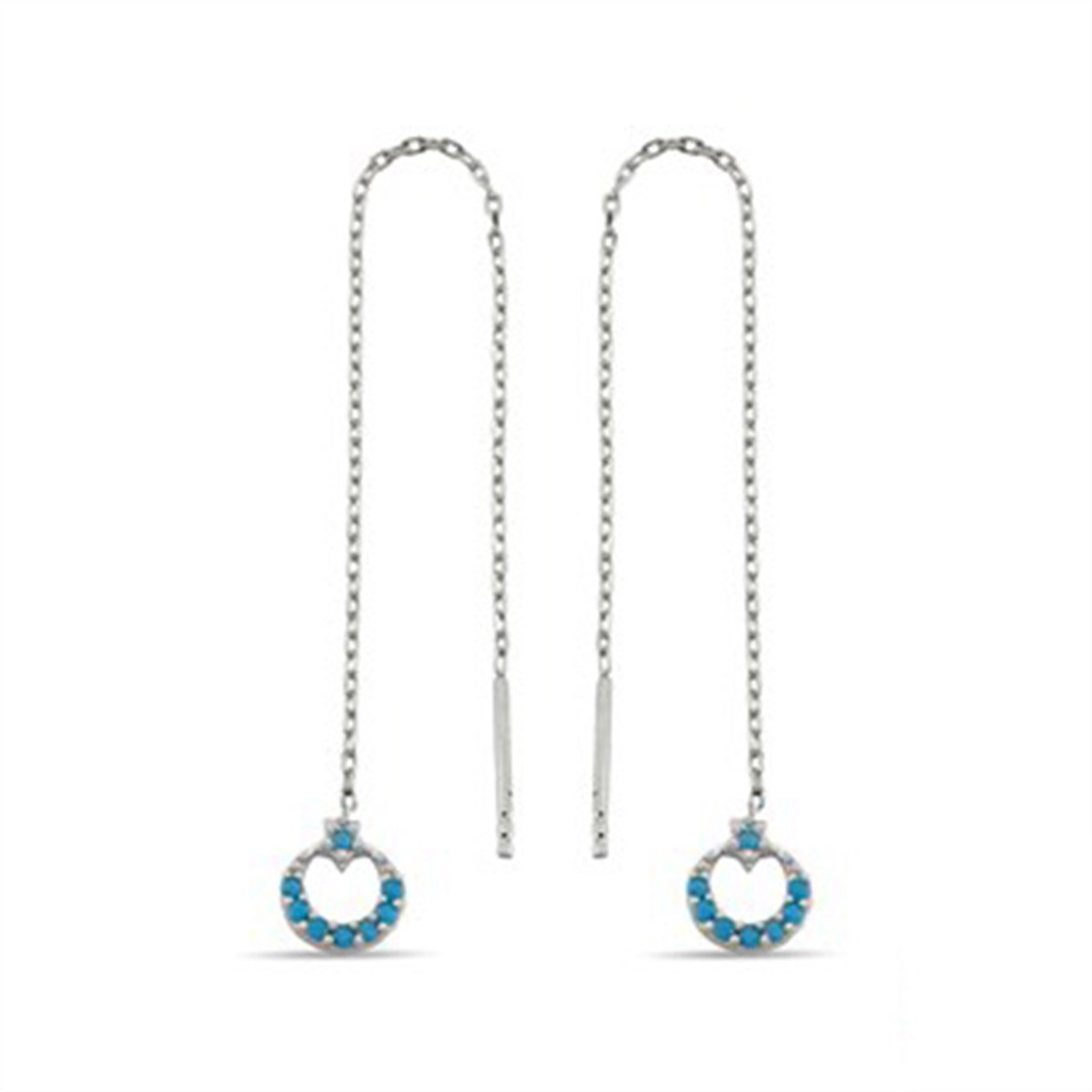 Ay Yıldız Türk Bayrağı Firuze Turkuaz Taşlı Gümüş Zincirli Küpe