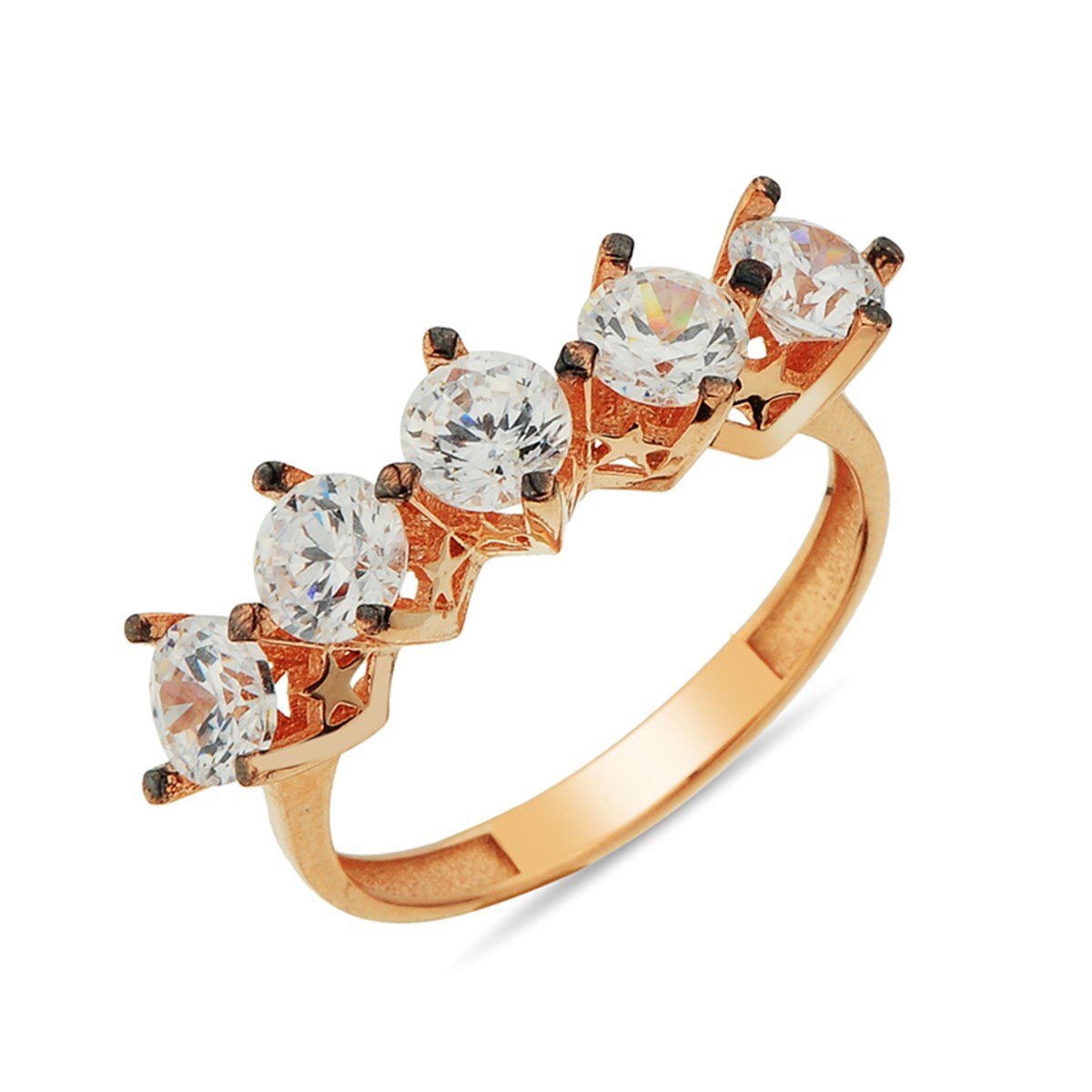 Beş Taş Zirkon Taşlı Roz Kaplamalı 925 Ayar Gümüş Bayan Yüzüğü