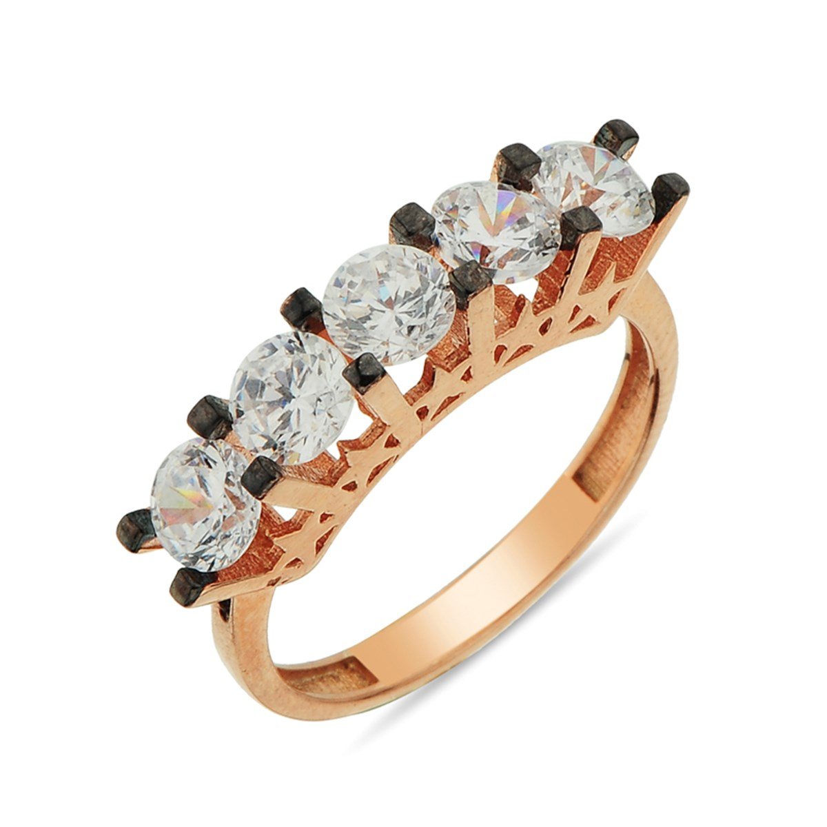 Beş Taş Zirkon Taşlı Roz Kaplamalı 925 Ayar Gümüş Bayan Yüzüğü