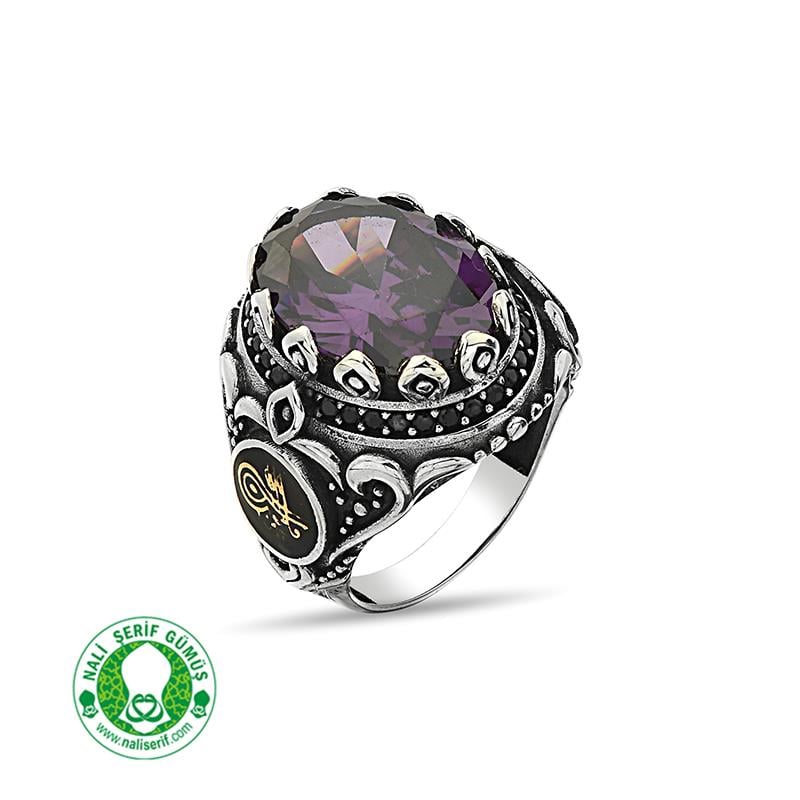 Değişebilir Yan Sembollü Oval Kasalı Amatis Taşlı Gümüş Erkek Yüzük