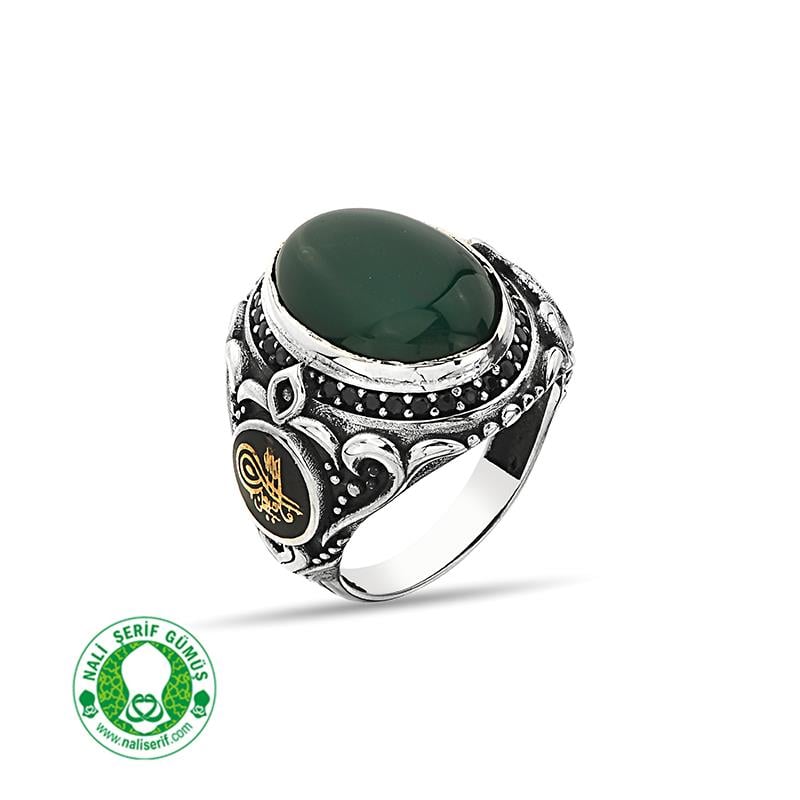 Değişebilir Yan Sembollü Oval Kasalı Kapşonlu Yeşil Akik Taşlı Gümüş Erkek Yüzük