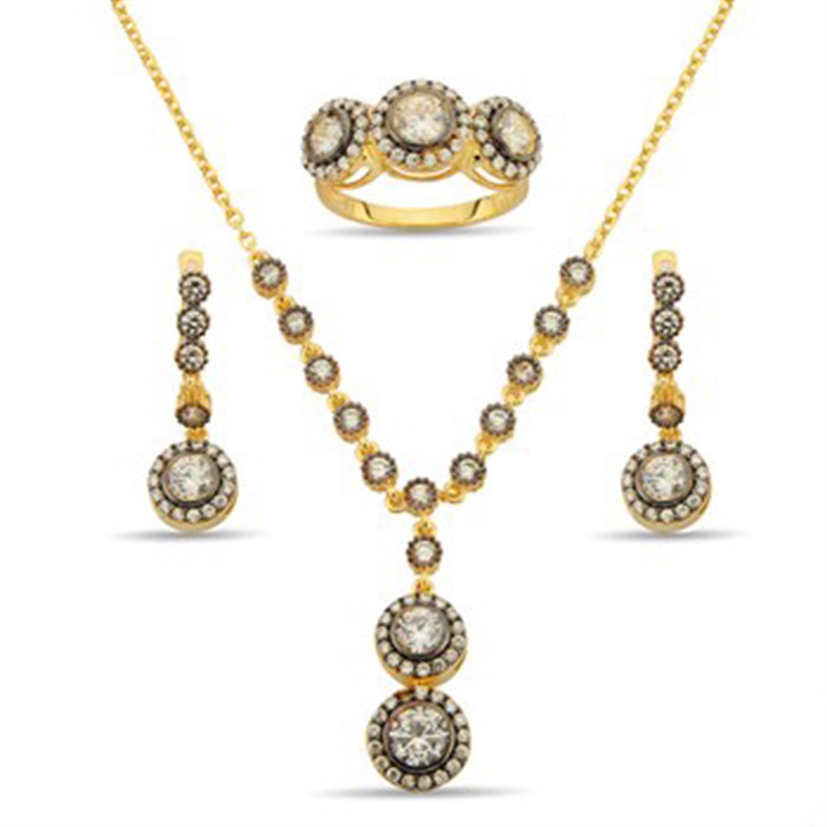 Elmas Görünüşlü Altın Kaplamalı Gümüş Yuvarlak Zirkon Taşlı Set
